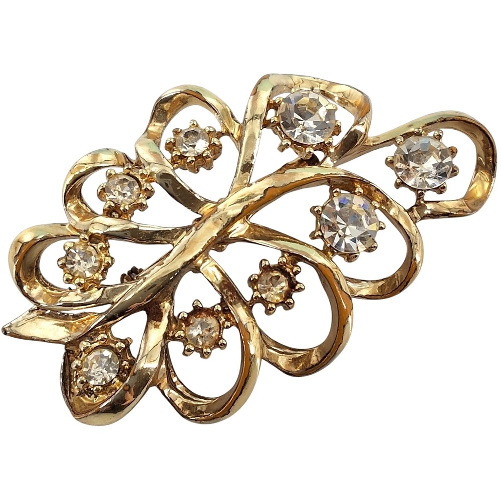 Vintage Gold Tone Rhinestone Bow Brooch Pin Clear Crystal Mid Century 50s